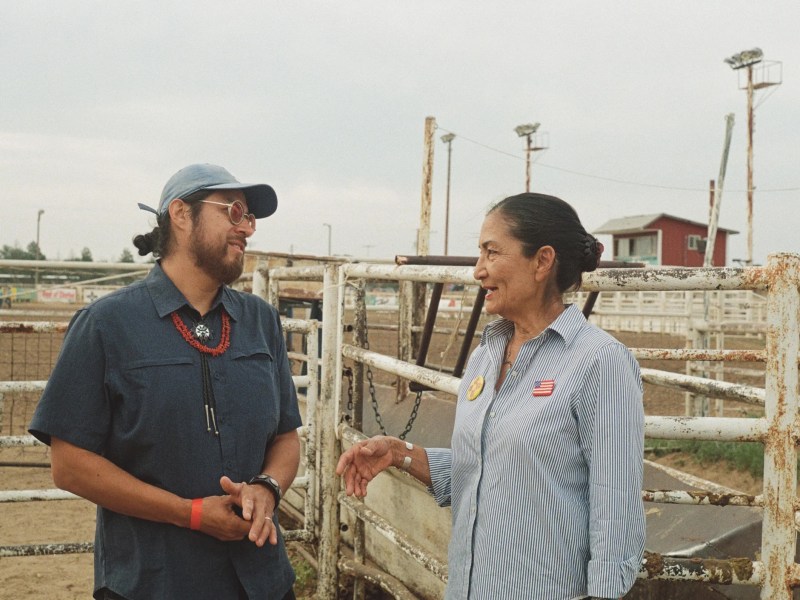 Shaun Griswold speaks with Deb Haaland at the rodeo on Independence Day in Clayton, New Mexico.